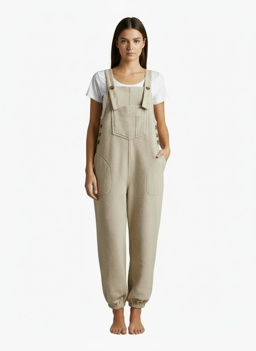 Women's Fleece Overalls with Coconut Buttons - Cotton & Polyester Blend