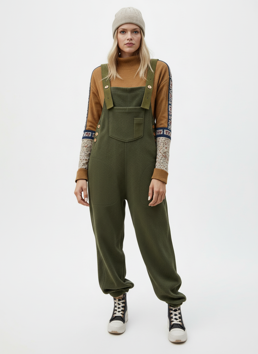 Women's Fleece Overalls with Coconut Buttons - Cotton & Polyester Blend
