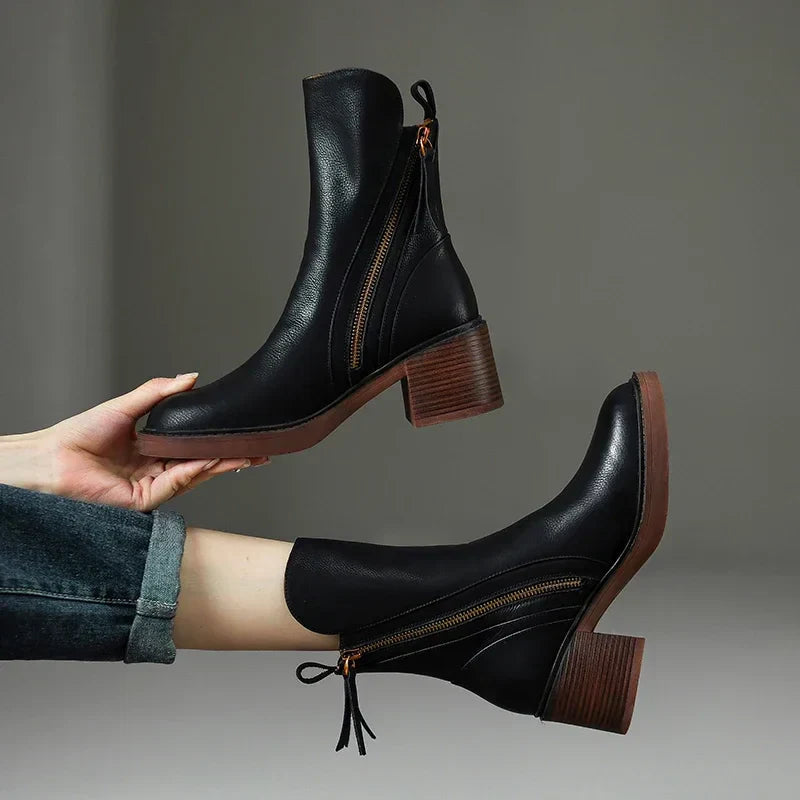 Women's Ankle Boots with Zipper, Block Heel and Side Zip Detail