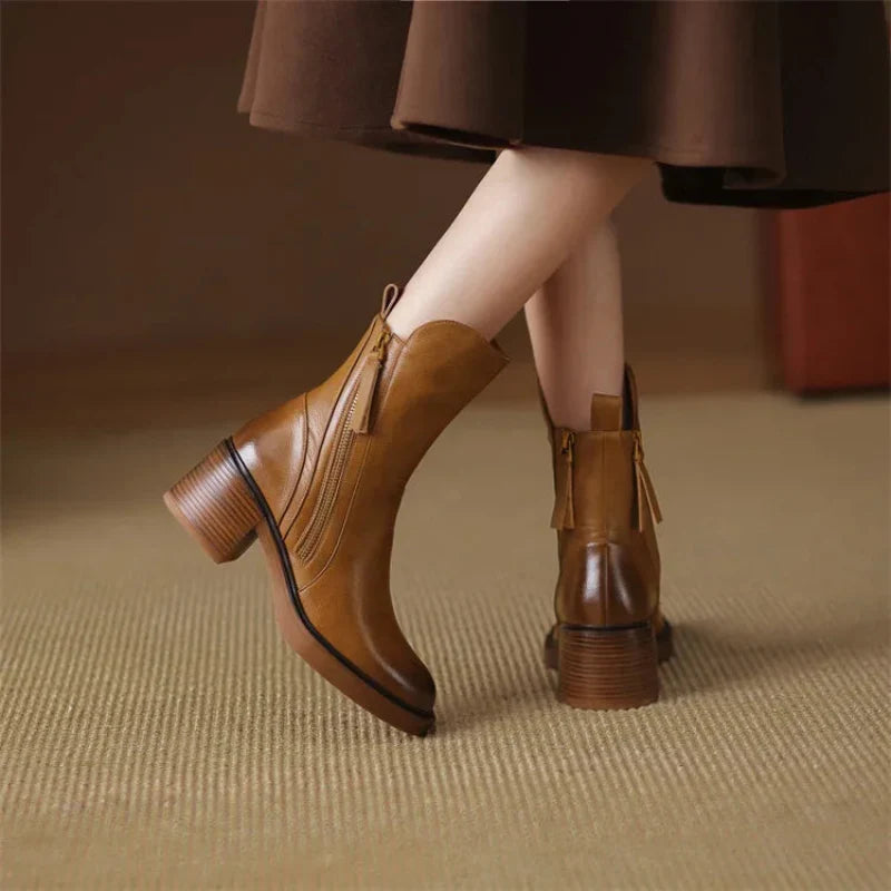 Women's Ankle Boots with Zipper, Block Heel and Side Zip Detail