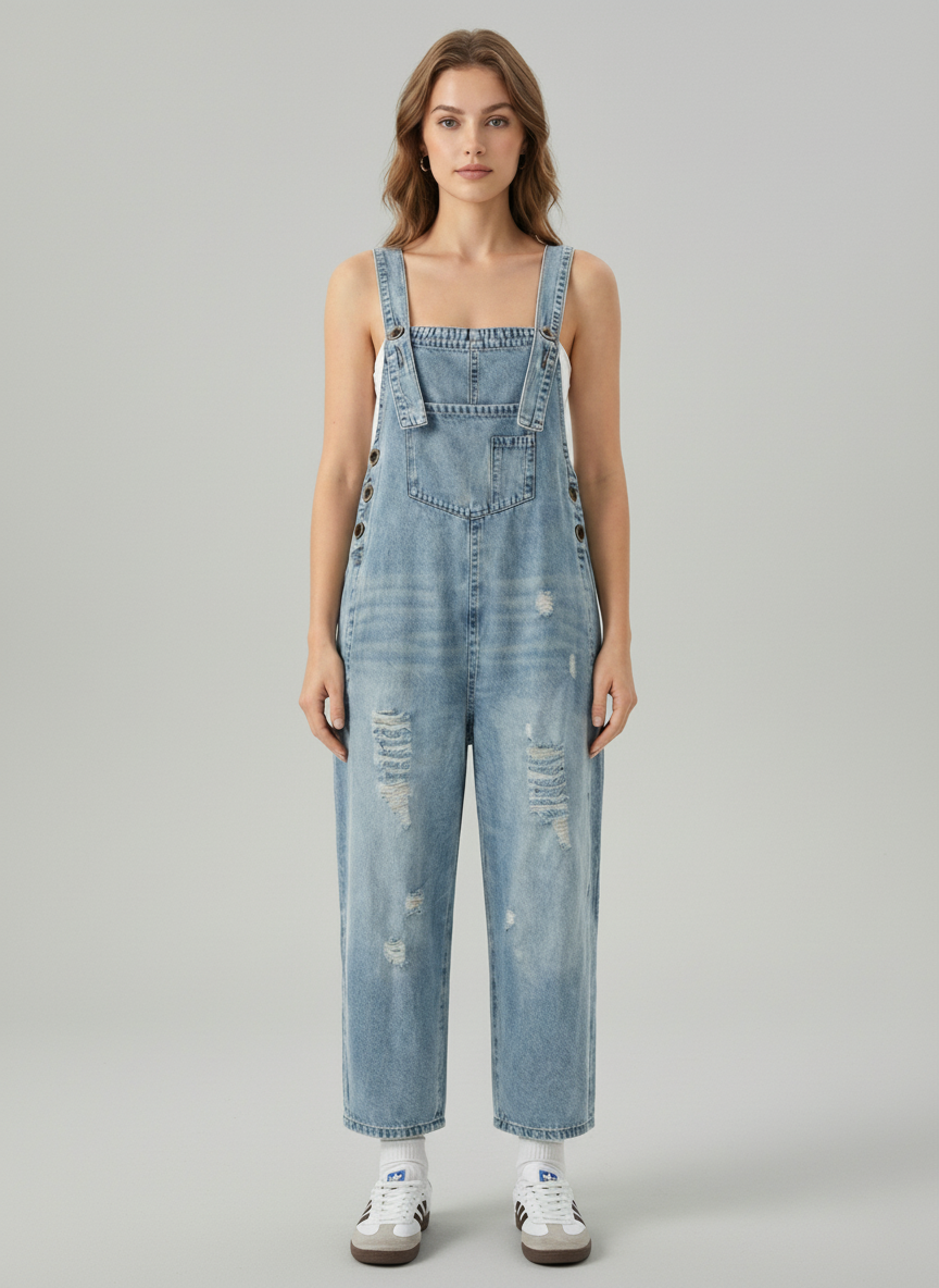Women's Distressed Cotton Denim Overalls