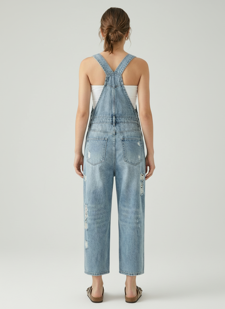 Women's Distressed Cotton Denim Overalls