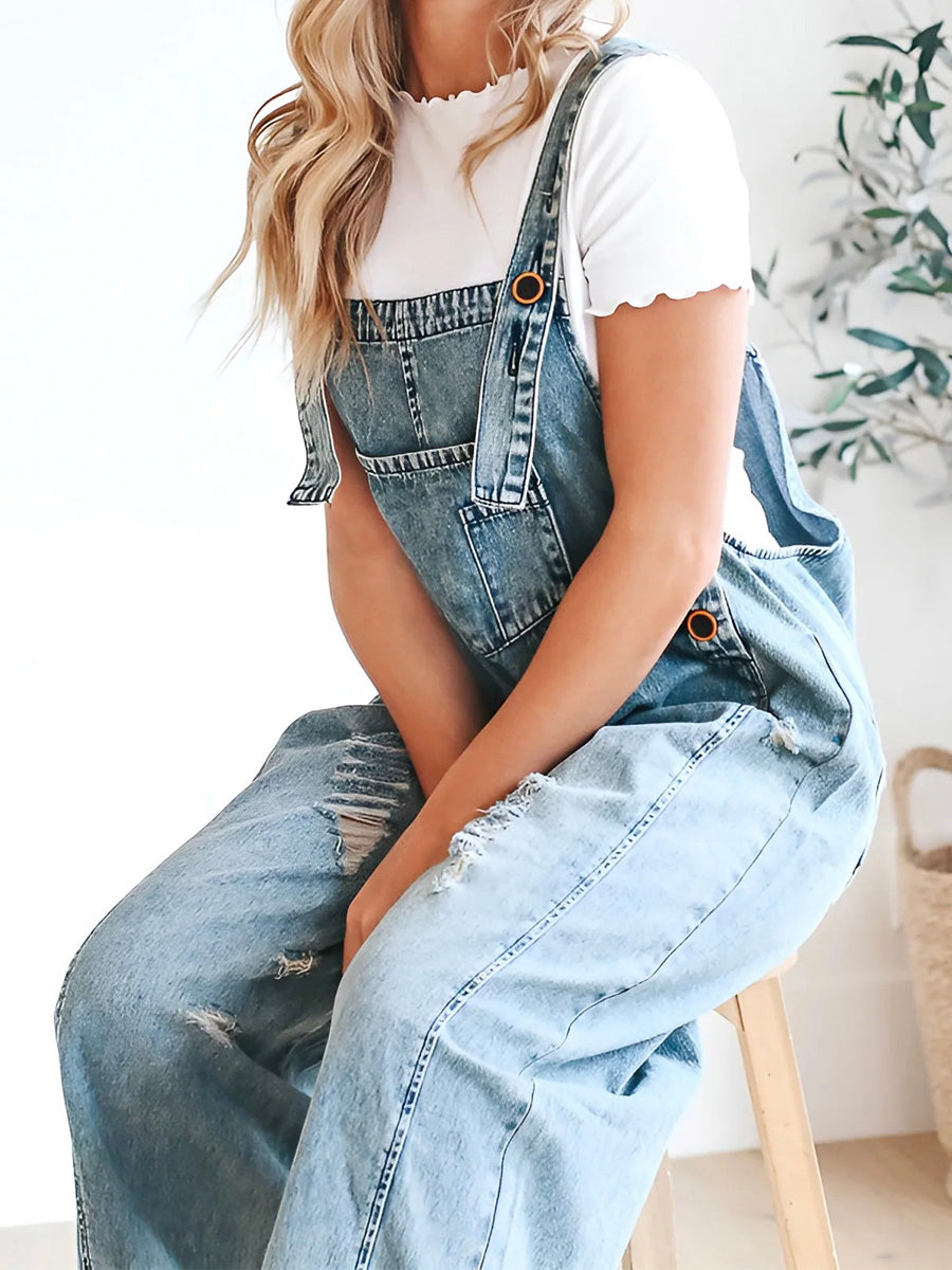 Women's Distressed Cotton Denim Overalls