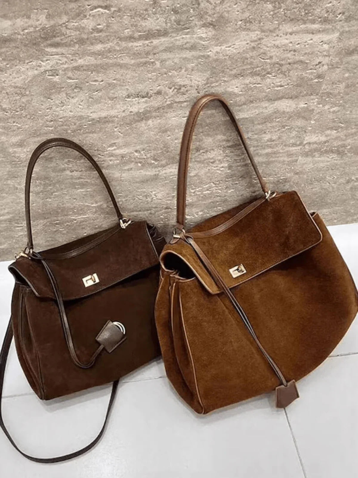 Elegant Suede Shoulder Bag with Handle and Twist-Lock Closure