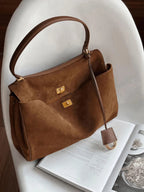 Elegant Suede Shoulder Bag with Handle and Twist-Lock Closure
