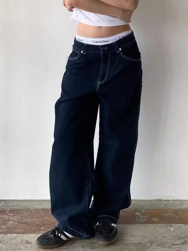 Solid Color Vintage Boyfriend Jeans with Pocket Embroidery