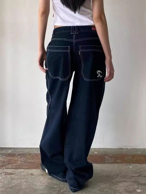 Solid Color Vintage Boyfriend Jeans with Pocket Embroidery