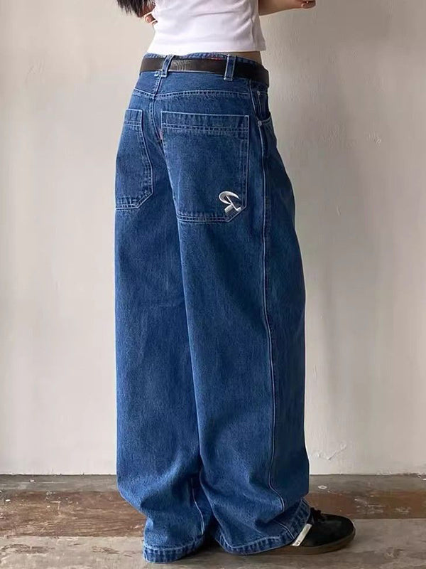 Solid Color Vintage Boyfriend Jeans with Pocket Embroidery