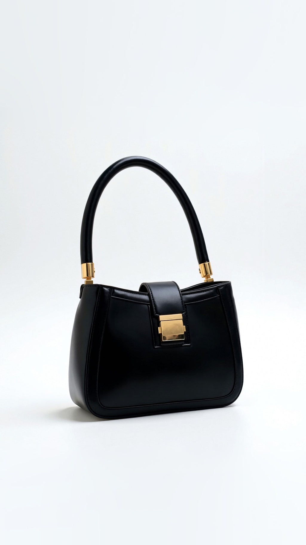 Leather Craft Shoulder Bag with Gold Details and Signature Buckle - Black and Cognac