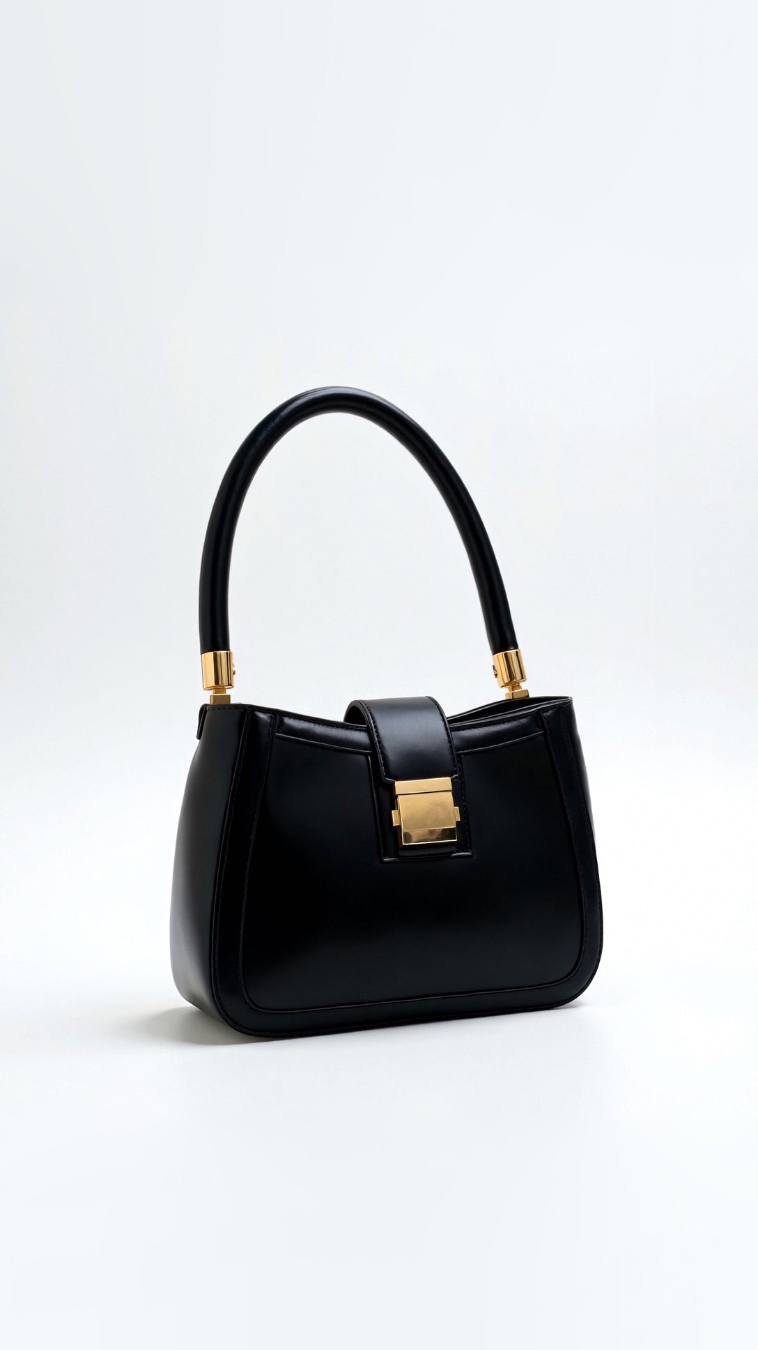 Leather Craft Shoulder Bag with Gold Details and Signature Buckle - Black and Cognac