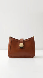 Leather Craft Shoulder Bag with Gold Details and Signature Buckle - Black and Cognac