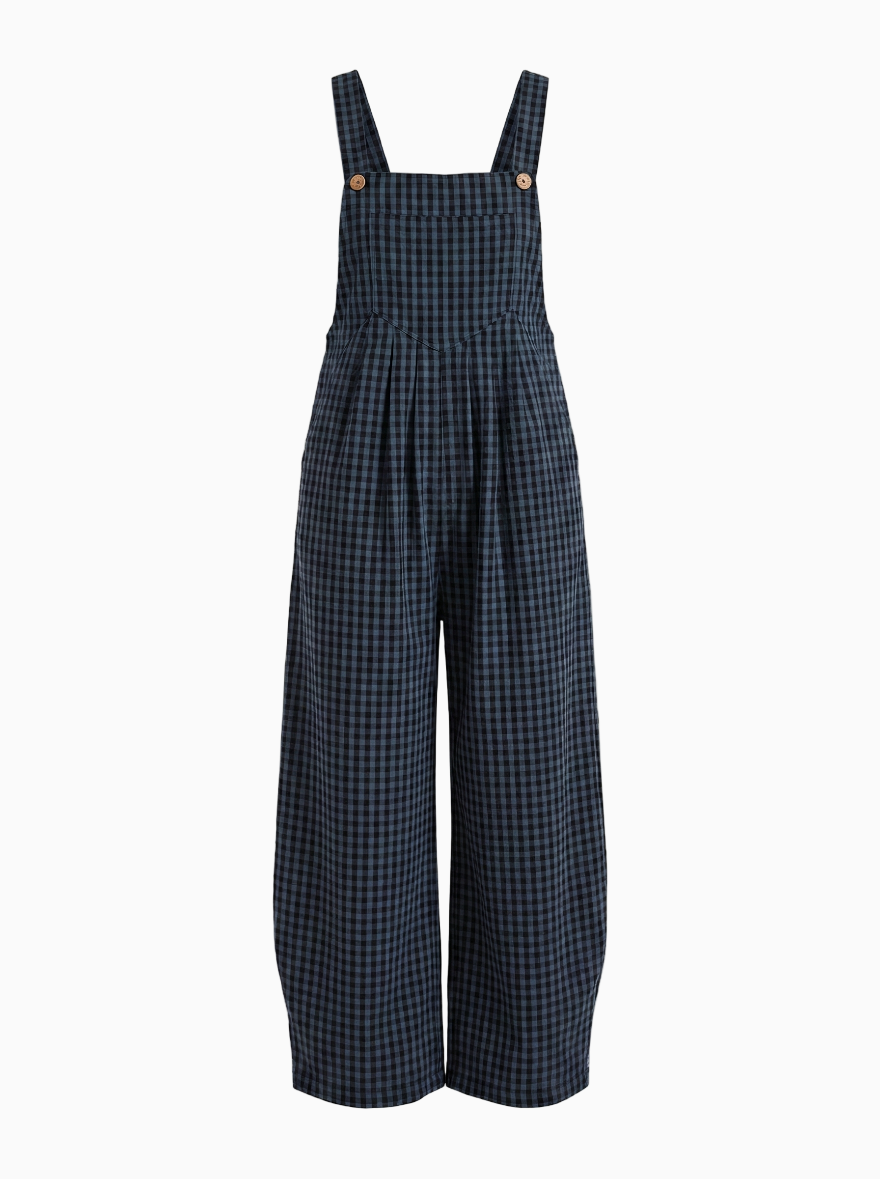 Women's Casual Plaid Wide-Leg Overalls - Blue and Black Checkered Pattern