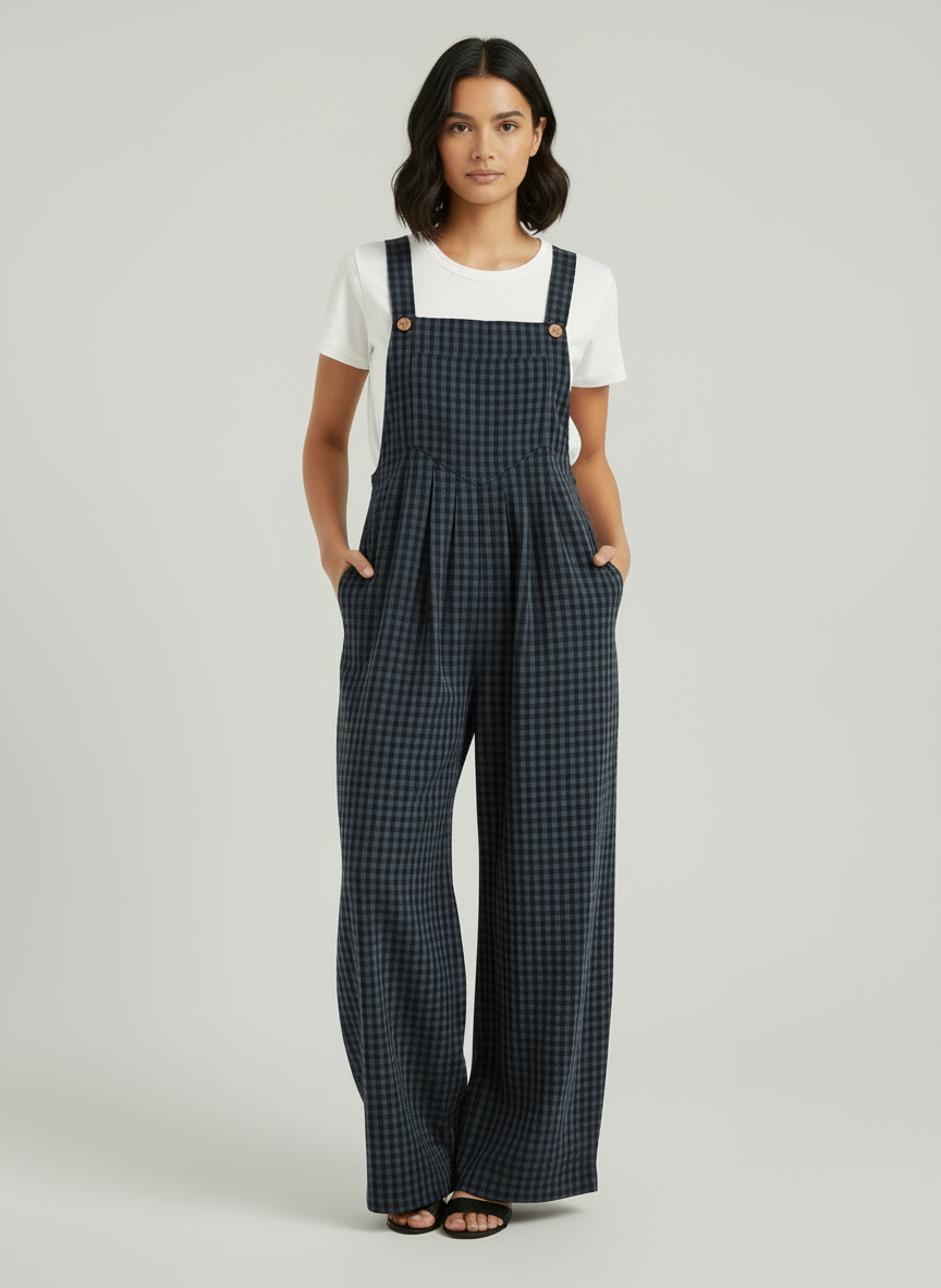 Women's Casual Plaid Wide-Leg Overalls - Blue and Black Checkered Pattern