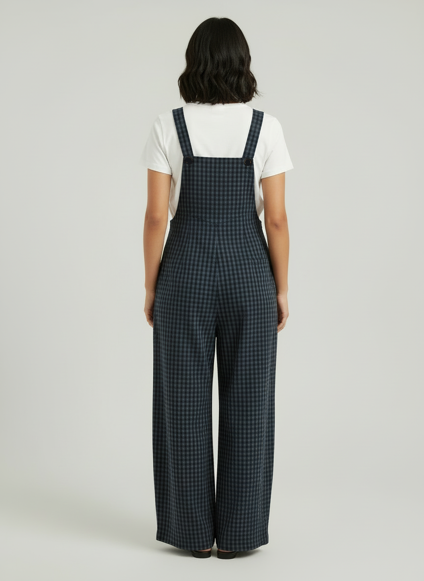 Women's Casual Plaid Wide-Leg Overalls - Blue and Black Checkered Pattern