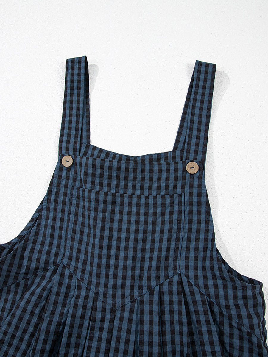 Women's Casual Plaid Wide-Leg Overalls - Blue and Black Checkered Pattern