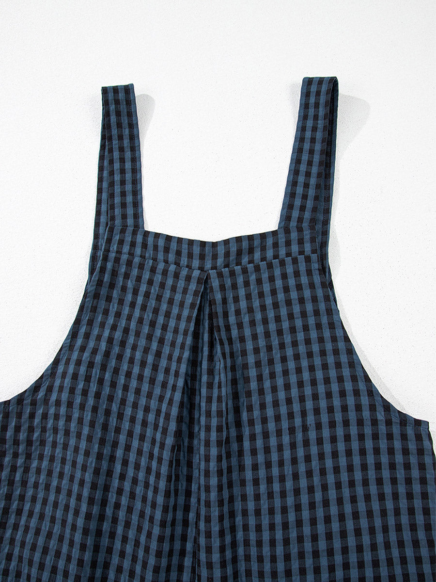 Women's Casual Plaid Wide-Leg Overalls - Blue and Black Checkered Pattern