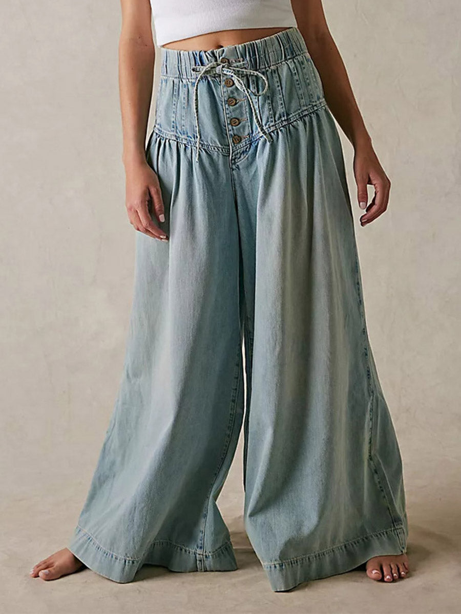 Women's Loose Fit Wide-Leg Jeans - Soft Denim, Breathable Ultra-Wide Leg Bohemian Look