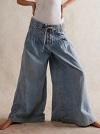 Women's Loose Fit Wide-Leg Jeans - Soft Denim, Breathable Ultra-Wide Leg Bohemian Look
