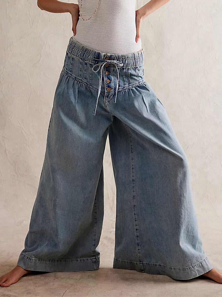 Women's Loose Fit Wide-Leg Jeans - Soft Denim, Breathable Ultra-Wide Leg Bohemian Look