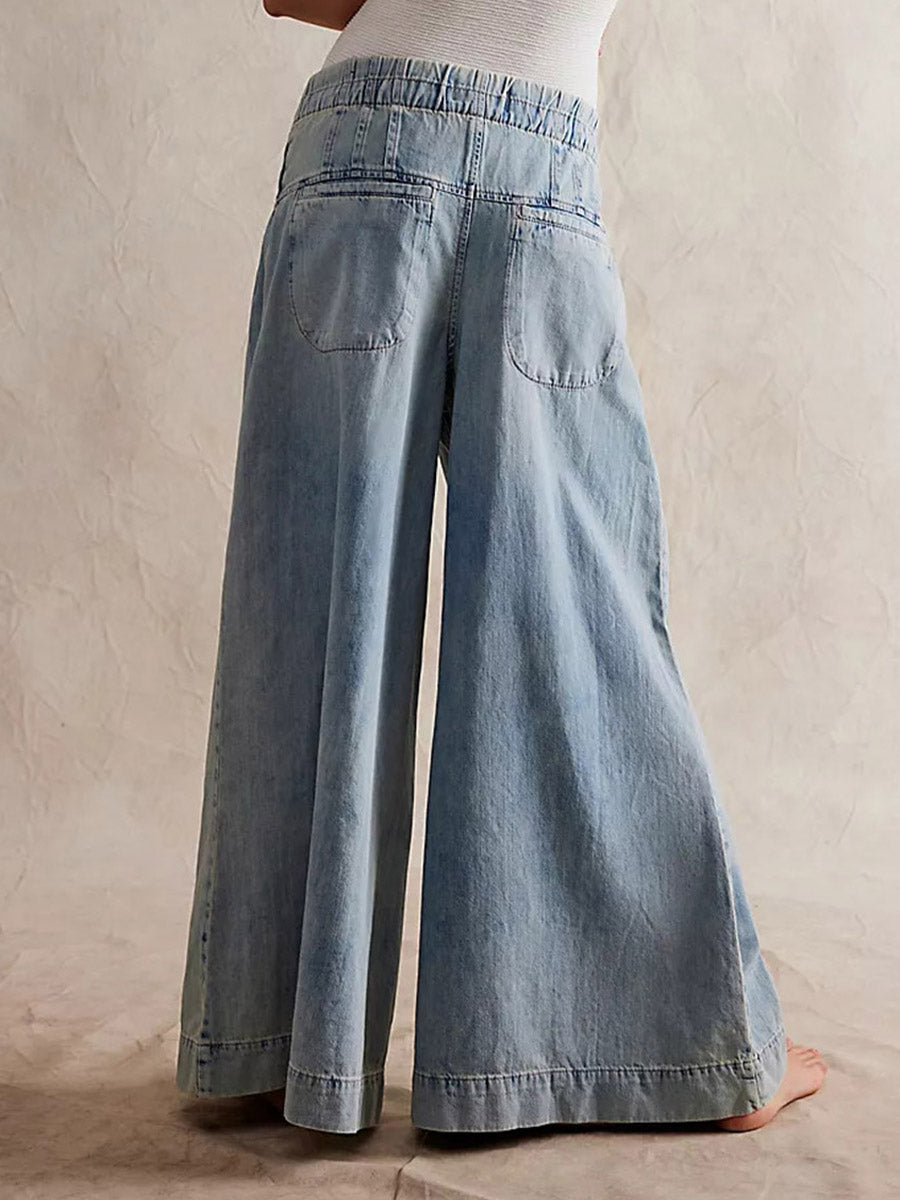 Women's Loose Fit Wide-Leg Jeans - Soft Denim, Breathable Ultra-Wide Leg Bohemian Look