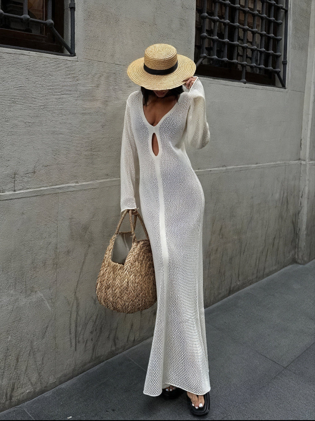 Sheer Knit Maxi Dress – Elegant Long Sleeve Cut-out
