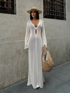 Sheer Knit Maxi Dress – Elegant Long Sleeve Cut-out