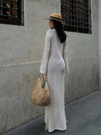 Sheer Knit Maxi Dress – Elegant Long Sleeve Cut-out