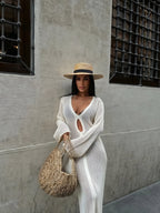 Sheer Knit Maxi Dress – Elegant Long Sleeve Cut-out