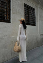 Sheer Knit Maxi Dress – Elegant Long Sleeve Cut-out