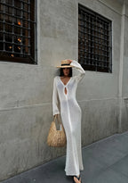 Sheer Knit Maxi Dress – Elegant Long Sleeve Cut-out