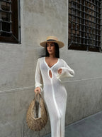 Sheer Knit Maxi Dress – Elegant Long Sleeve Cut-out