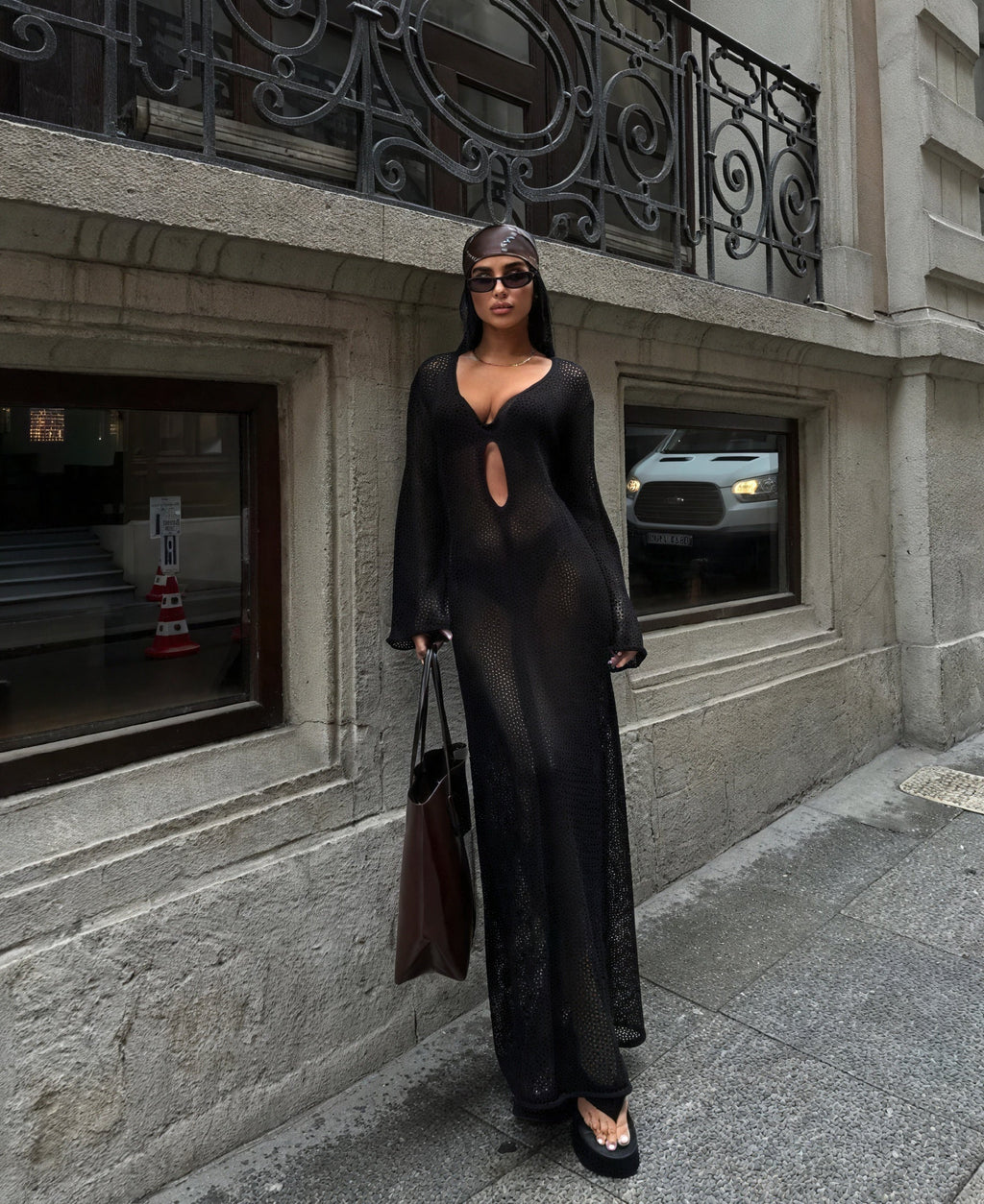 Sheer Knit Maxi Dress – Elegant Long Sleeve Cut-out
