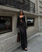 Sheer Knit Maxi Dress – Elegant Long Sleeve Cut-out