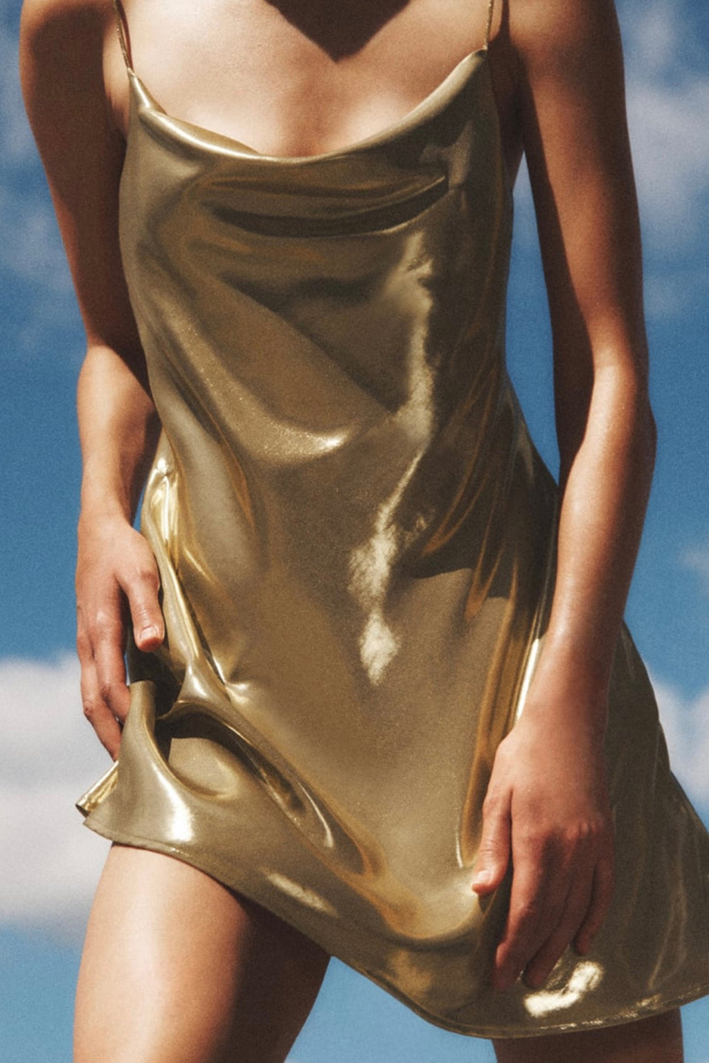 Y2K Metallic Cowl Neck Slip Mini Dress