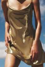 Y2K Metallic Cowl Neck Slip Mini Dress